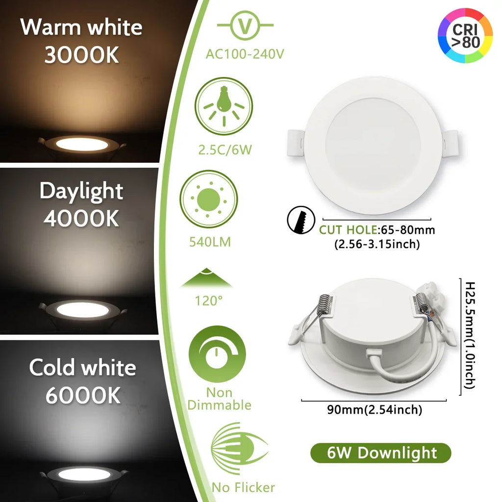 2PCS LED Downlight AC100-240V 6W 10W 14W 17W 20W 24W LED Ceiling Spot 3 CCT Recessed in Downlight Light Cold Warm White Lamp