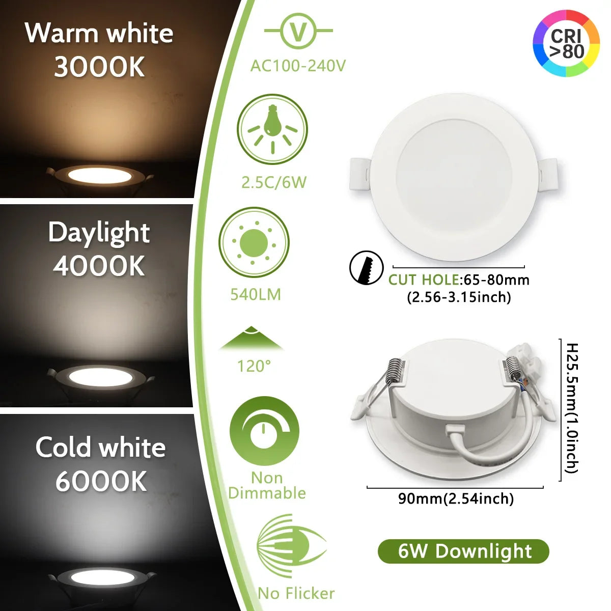 2PCS LED Downlight AC100-240V 6W 10W 14W 17W 20W 24W LED Ceiling Spot 3 CCT Recessed in Downlight Light Cold Warm White Lamp