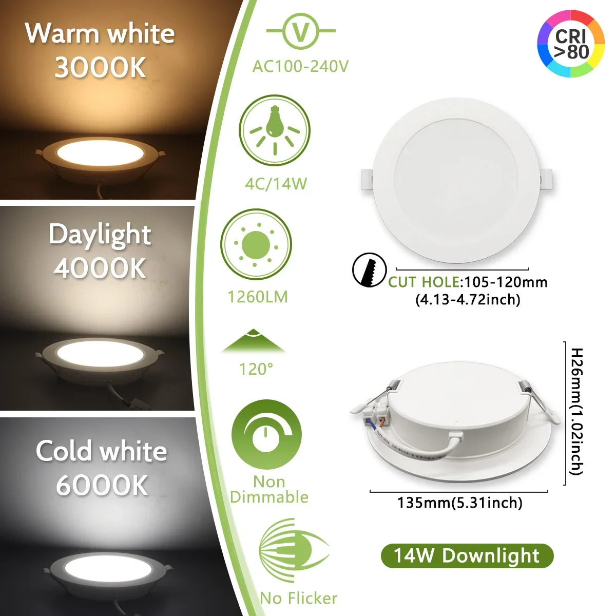 2PCS LED Downlight AC100-240V 6W 10W 14W 17W 20W 24W LED Ceiling Spot 3 CCT Recessed in Downlight Light Cold Warm White Lamp