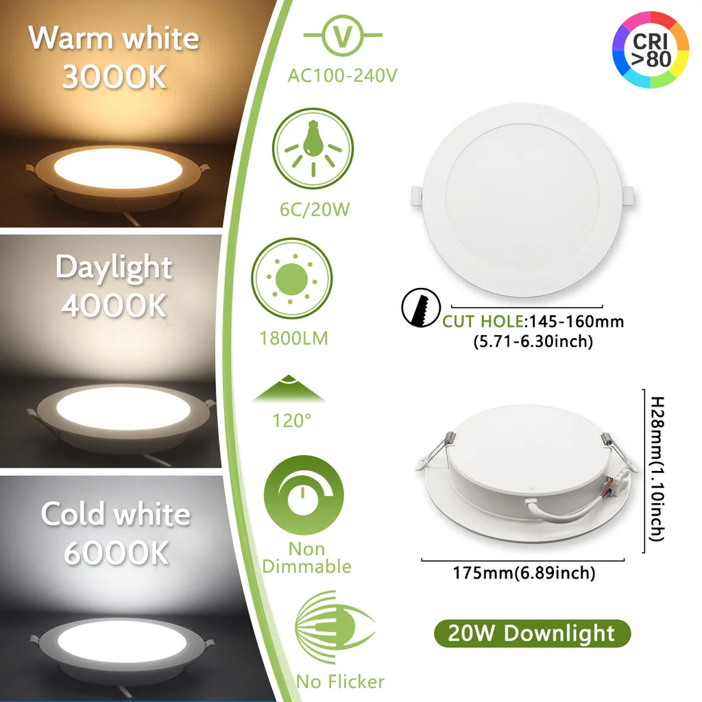 2PCS LED Downlight AC100-240V 6W 10W 14W 17W 20W 24W LED Ceiling Spot 3 CCT Recessed in Downlight Light Cold Warm White Lamp