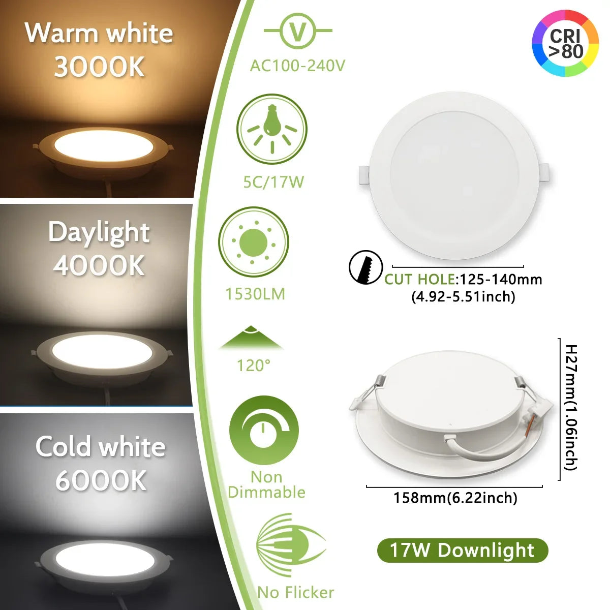 2PCS LED Downlight AC100-240V 6W 10W 14W 17W 20W 24W LED Ceiling Spot 3 CCT Recessed in Downlight Light Cold Warm White Lamp