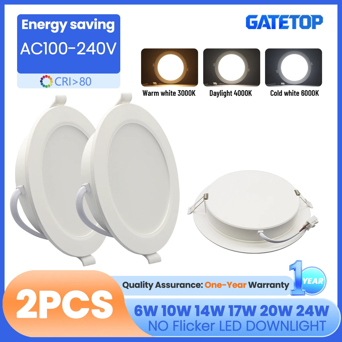 2PCS LED Downlight AC100-240V 6W 10W 14W 17W 20W 24W LED Ceiling Spot 3 CCT Recessed in Downlight Light Cold Warm White Lamp